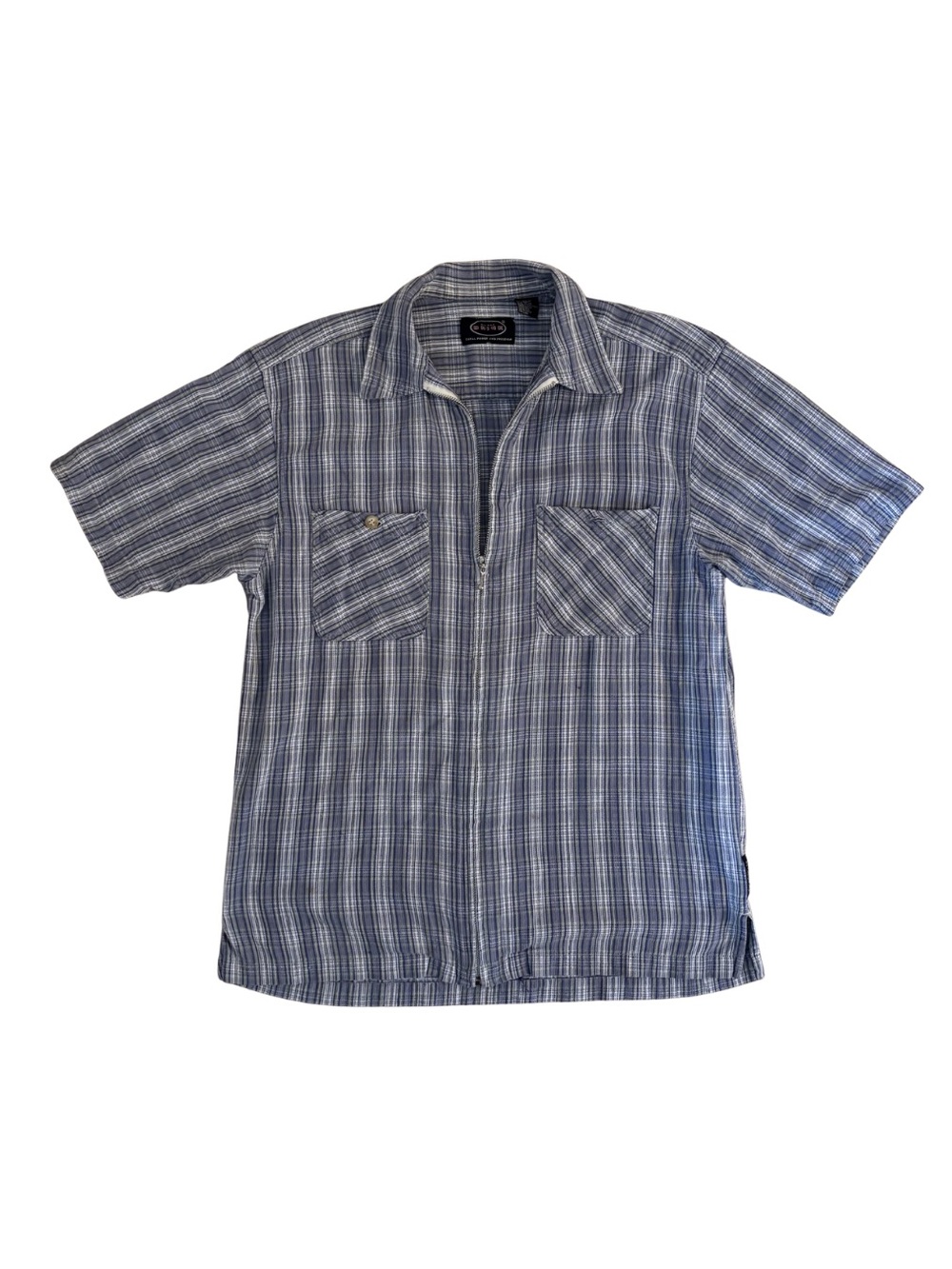 1990’s On the Brink Blue and White Plaid Short-Sleeve Zip Down Shirt